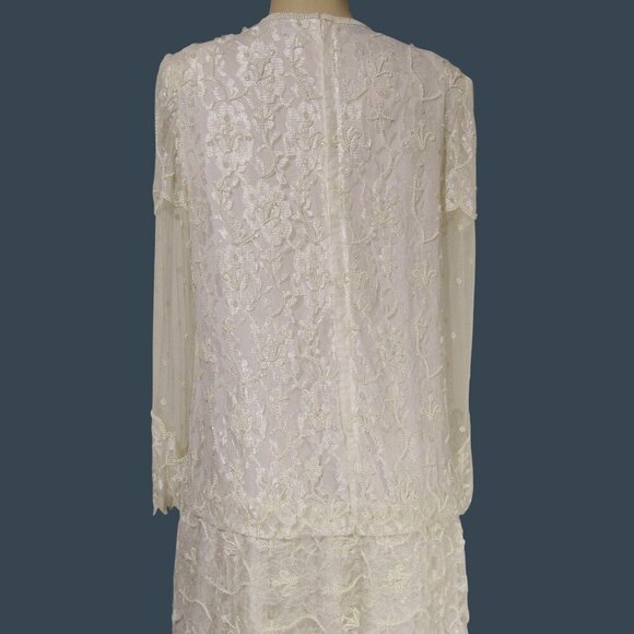 VTG SCALA M Lace Beaded Romantic Wedding Flapper Drop Waist Midi Maxi Dress - Picture 9 of 15